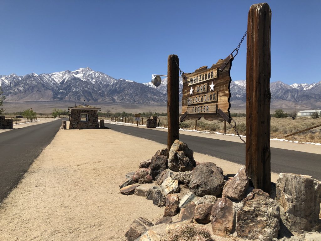 Sign at the front gate of the Manzanar Ware Relocation Center.